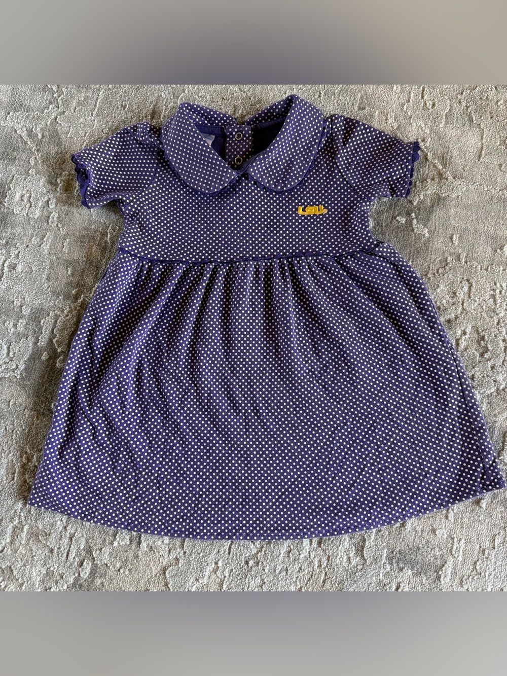 Two feet ahead girls LSU Polka Dot Purple Baby Dress with Peter Pan Collar 4T